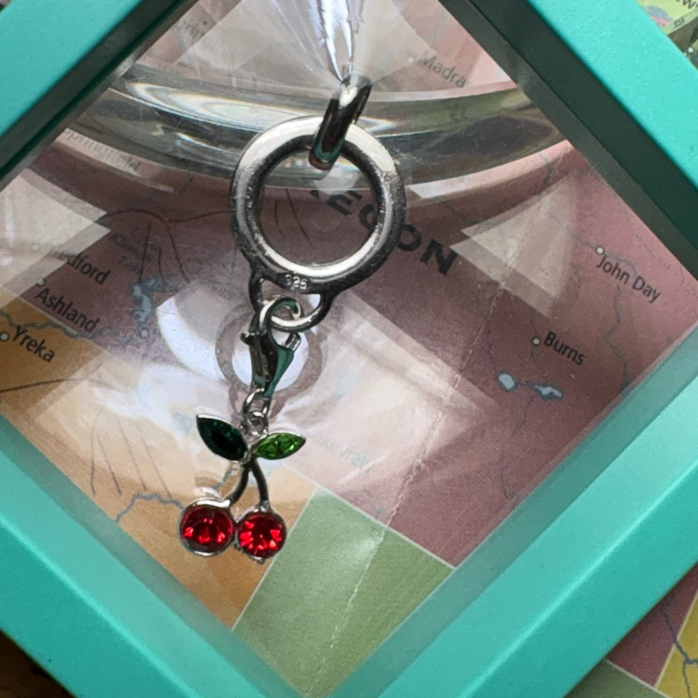 Silver Cherry Pendant with Red and Green Accents